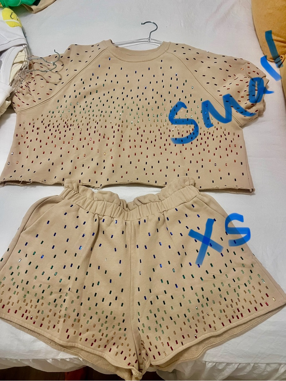 QUEEN OF SPARKLES Beige Top with Multicolor Dot Accents